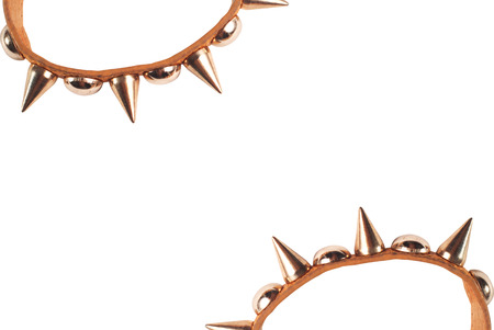 template for designer, frame, brown leather Bracelet with spikes isolated on white background, fashion accessoryの写真素材