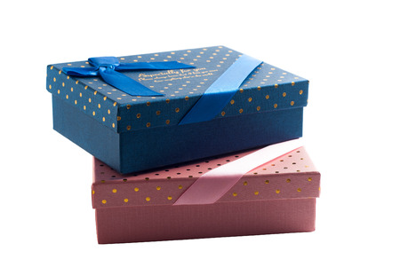Gift boxes isolated on white background, blue and pink box, to congratulateの写真素材
