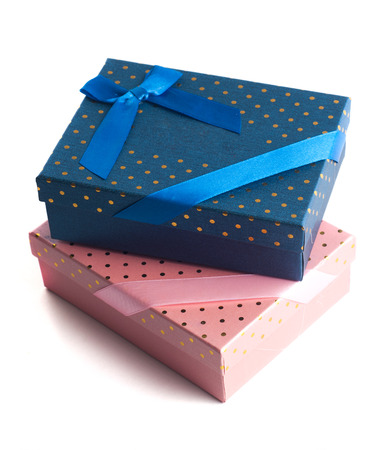 Gift boxes isolated on white background, blue and pink box, to congratulateの写真素材