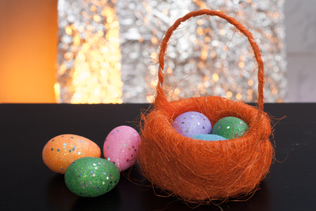 Decorative Easter eggs in a basket, Traditional decoration, happy Easter, layout for postcardの写真素材