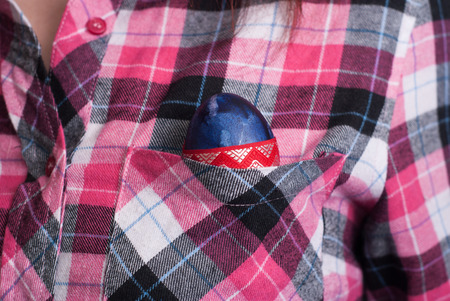 Blue Easter egg in your pocket, plaid shirt, template for holiday cardsの写真素材