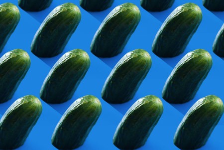 Half green cucumber on a blue background, a pattern of cucumbers, creative design, vegetable fenceの写真素材