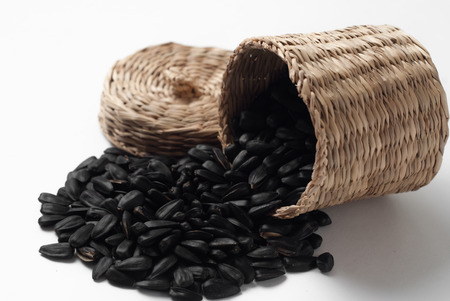 Sunflower seeds scattered on a white background,の写真素材