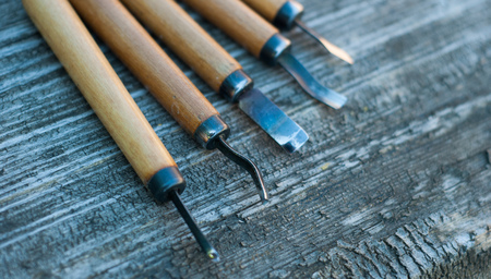 Tool on wood background in the workshop of Woodcarverの写真素材