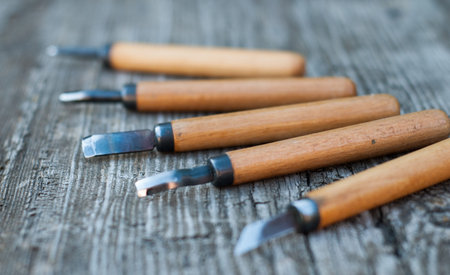 Tool on wood background in the workshop of Woodcarverの写真素材