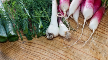 bunch of fresh radish with leaves on a cutting Board, dill and leek, vegetable composition, organic and healthy foodの写真素材