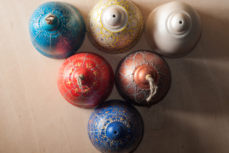 Decorative bells on wooden background, top view, Tourist Souvenirs,の写真素材