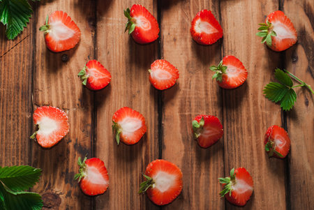 strawberry template on wooden background, rustic style, red berry and foliageの写真素材