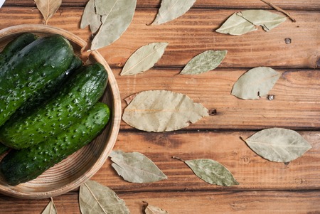A bowl of green cucumbers and Bay leavesの写真素材