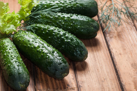 Fresh cucumbers on wooden background. Whole cucumbers, green salad .の写真素材