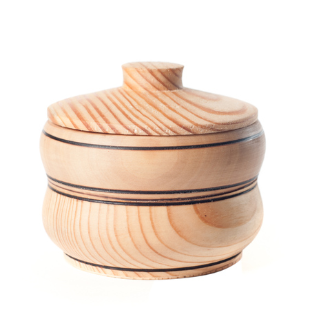 wooden bowl covered with a lid isolated on white background, wooden utensilsの写真素材