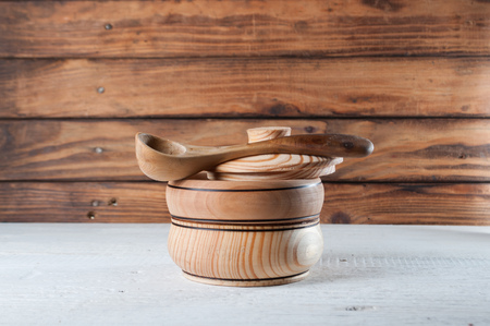 A wooden Cup and spoon, rustic background, cover for Cupの写真素材