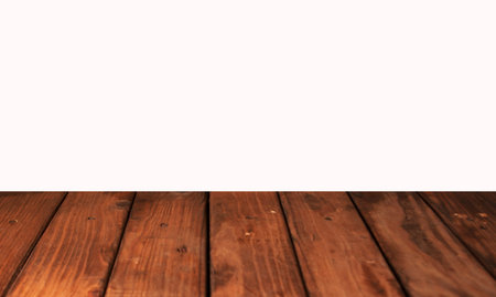 Empty wooden table with white background, wood topの写真素材
