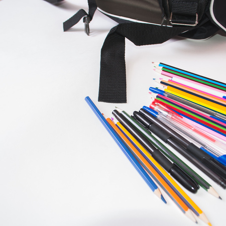 Closeup of colored pencils in a backpack, back to schoolの写真素材
