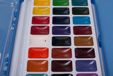 Palette of watercolor paints close up, the paint for drawingの写真素材