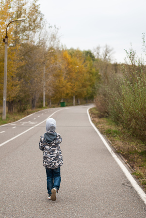 A little boy goes on the pavement, a walk in the autumn Parkの写真素材