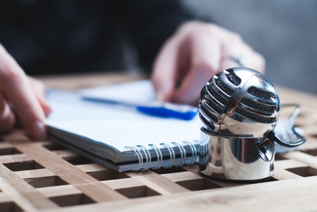 vintage microphone closeup, the girl works as a radio DJ,の写真素材