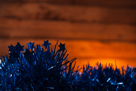With Christmas on the old wooden background and blue tinsel garlands, yellow backgroundの写真素材