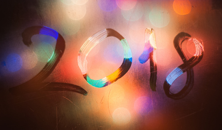 The inscription on the sweaty glass. New year, 2018. Christmas background, bokehの写真素材