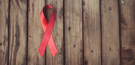 Red ribbon on wooden background, a symbol of the fight against AIDS, banner for website