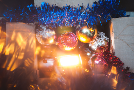 Box lots of Christmas ornaments and tinsel, Christmas backgroundの写真素材