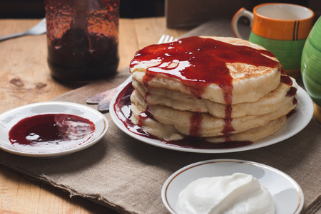 pancakes with syrup close-up, carnival food, pancakes for fat Tuesdayの写真素材