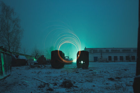 Mystical night landscape, unusual light in the fog