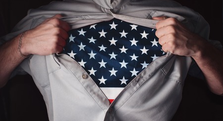 Tear shirt on chest, USA flag uniform, American patriot, concept to July 4の写真素材