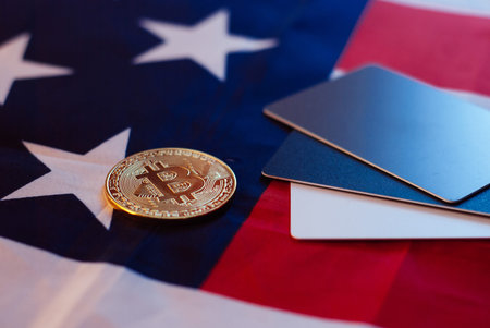 gold Bitcoin and us flag, credit card template, us currency market