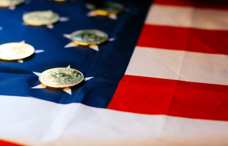 Bitcoin and us flag, gold coins, e-Commerceの写真素材