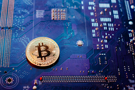 Bitcoin in the motherboard, virtual Currency against the background of PCB, the concept of mining...
