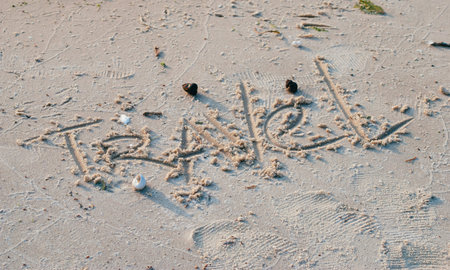 Travel inscription on the sand, seashells on the beach,の写真素材