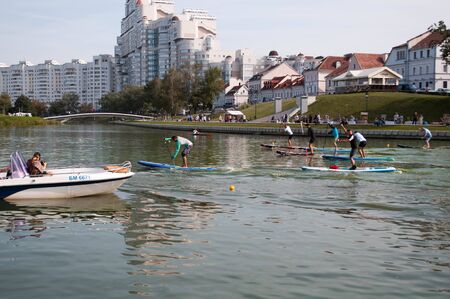 Minsk, Belarus-September 8, 2018: start the race to stand up paddle. event in the city,のeditorial素材