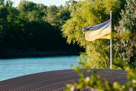 Ukrainian flag in the wind, glory to Ukraineの写真素材