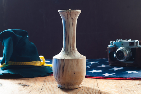 Wooden vase on the table, home interior,の写真素材