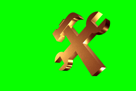 a hammer and a wrench crossed, working Golden symbol on a green background, 3dの写真素材