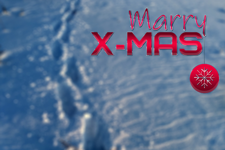 Christmas background, footprints in the snow in no focus, merry Christmas, red Christmas ball, 3dの写真素材