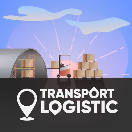 Logo of the logistics company. Destination. Pallet loading, electric forklift at dawn,のイラスト素材