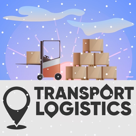 Logo of the logistics company. Destination. Unloading supplies, electric loader at sunset,のイラスト素材