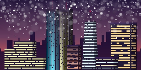 Winter city Landscape, snowfall over the city, vector metropolis, skyscrapers in the night cityのイラスト素材