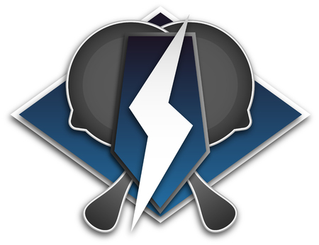 Logo for team E Sport, a symbol of the frying pan and lightning on a blue backgroundの写真素材