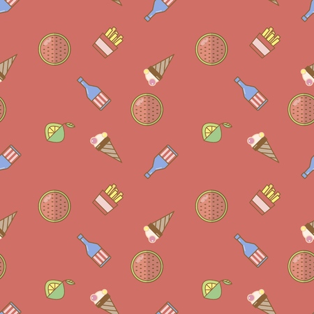 Colorful seamless summer pattern with elements such as watermelon, ice cream, bottle, French fries, lemon. Fashion print design, vector illustration,の写真素材