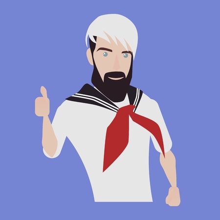 Young European raises his thumb, white hipster with beard, Vector cartoon illustration isolated on white backgroundの写真素材