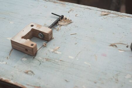 wooden clamp, carpentry tool for fixing wood, carpentry tool,の写真素材