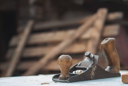 Old carpentry planer, vintage wood planer close-up,の写真素材