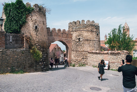 Sighnaghi, Georgia-June 08, 2019: tourists are photographed in Sighnaghi,のeditorial素材