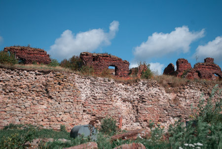 Old brick wall, red brick masonry, fortress,の写真素材