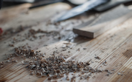 Oak shavings on the desktop close-up