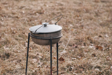 Cauldron in the open air, cooking in nature,