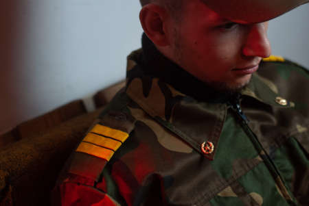 Soldier close-up, post-combat syndrome in a young military man,の写真素材